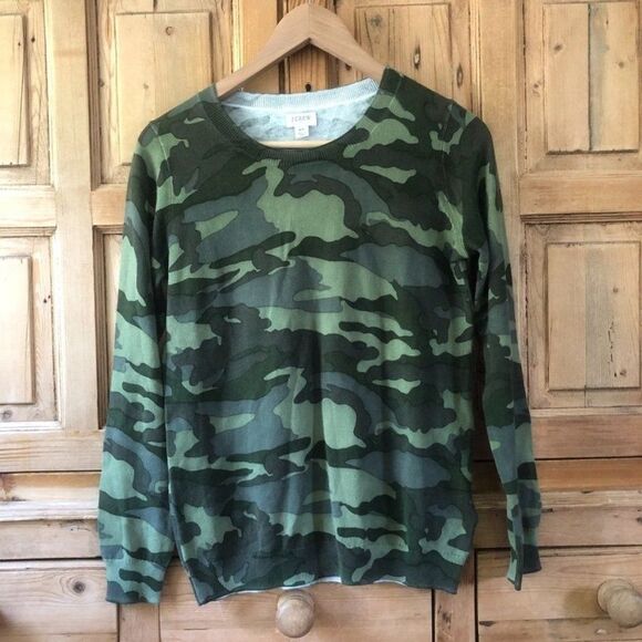 J. Crew Crewneck Camo Print Lightweight Sweater Green Cotton Womens Size XS‎ - Picture 1 of 8